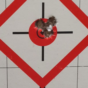 Grouping of 3, 165 gr Match, 308 Win, 110 yards, bullet velocity: 2640fps